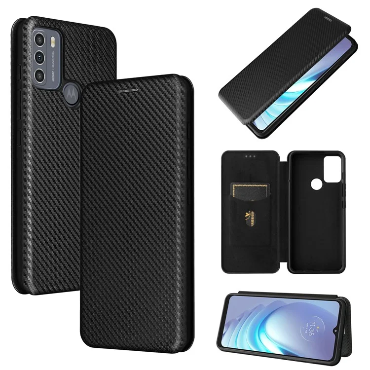 Auto-absorbed Carbon Fiber Texture Shock-proof Leather Case with Card Holder and Ring Strap for Motorola Moto G50 - Black