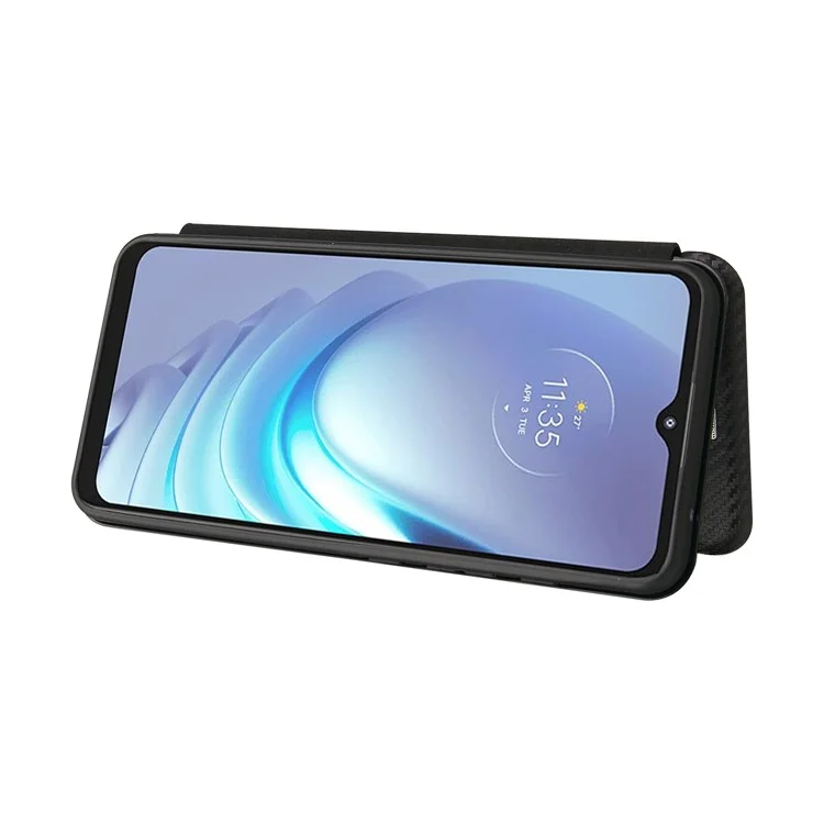 Auto-absorbed Carbon Fiber Texture Shock-proof Leather Case with Card Holder and Ring Strap for Motorola Moto G50 - Black