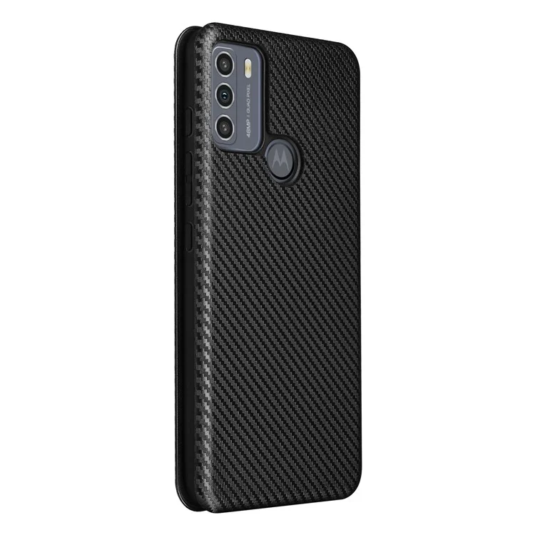 Auto-absorbed Carbon Fiber Texture Shock-proof Leather Case with Card Holder and Ring Strap for Motorola Moto G50 - Black