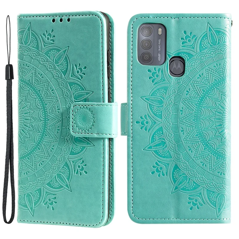 Skórzana etui portfel z nadrukiem mandali na Motorola Moto G50 – zielony