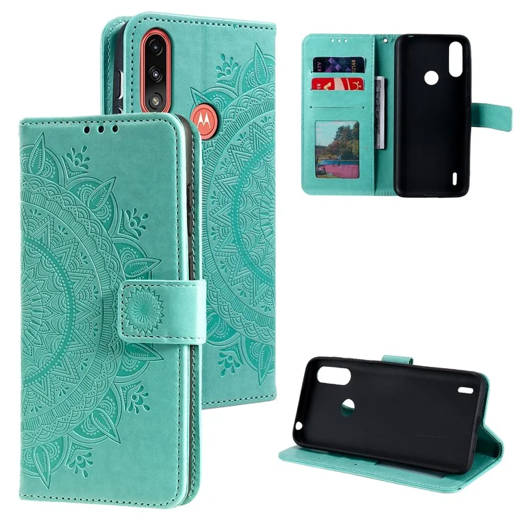 Imprinted Mandala Flower Design Wallet Leather Case for Motorola Moto E7 Power/Moto E7i Power - Green