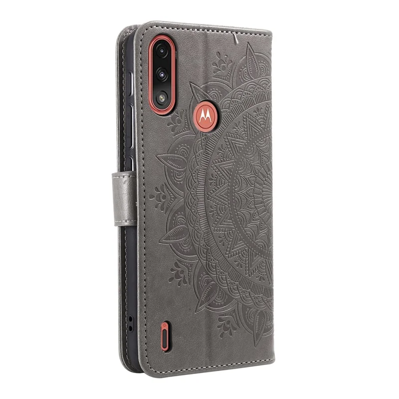 Imprinted Mandala Flower Design Wallet Leather Case for Motorola Moto E7 Power/Moto E7i Power - Grey