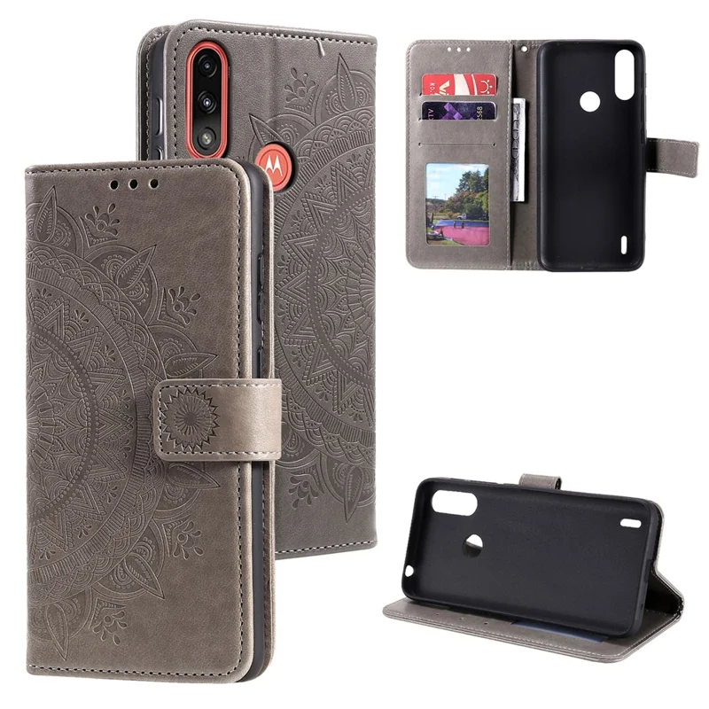 Imprinted Mandala Flower Design Wallet Leather Case for Motorola Moto E7 Power/Moto E7i Power - Grey
