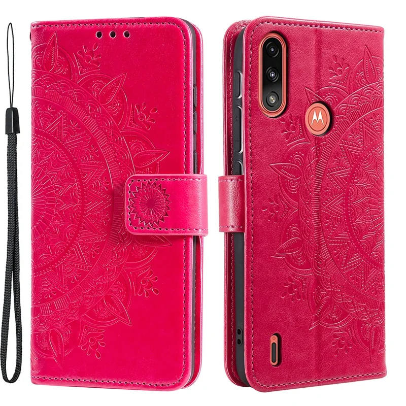 Imprinted Mandala Flower Design Wallet Leather Case for Motorola Moto E7 Power/Moto E7i Power - Red