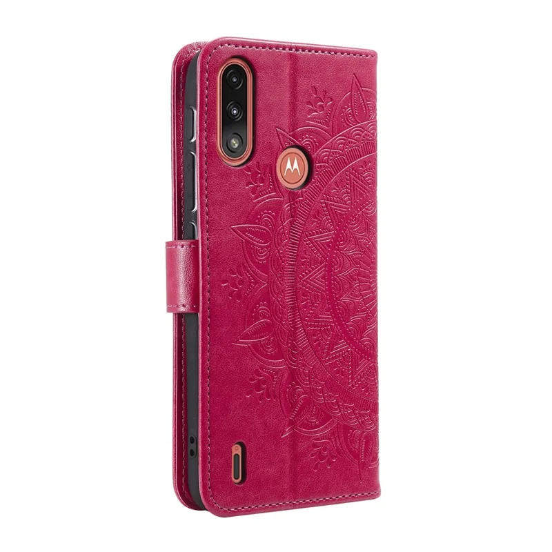 Imprinted Mandala Flower Design Wallet Leather Case for Motorola Moto E7 Power/Moto E7i Power - Red