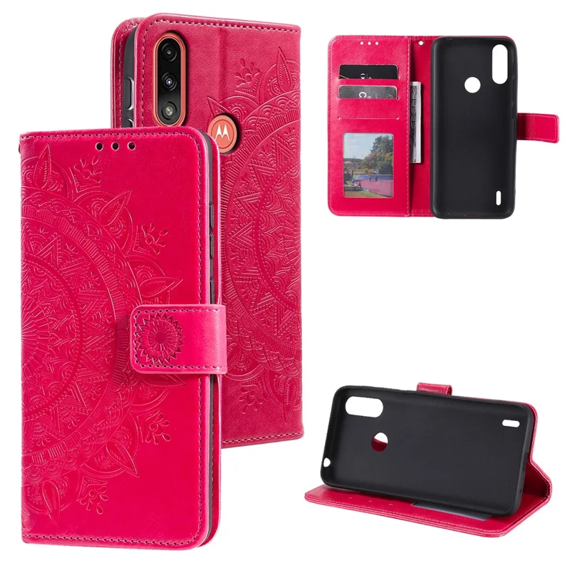 Imprinted Mandala Flower Design Wallet Leather Case for Motorola Moto E7 Power/Moto E7i Power - Red