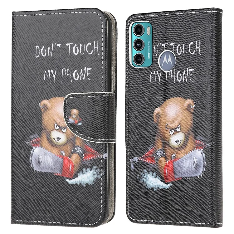 Cross Texture Pattern Printing Leather Wallet Stand Phone Case Shell for Motorola Moto G60/G40 Fusion - Bear