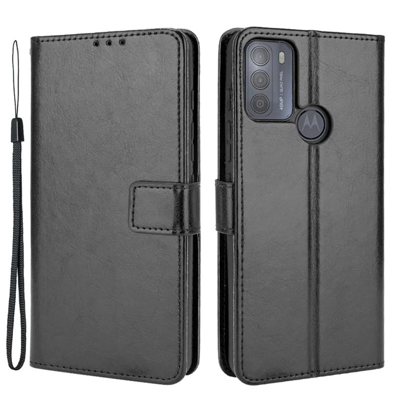 Crazy Horse cu Leather Phone Case Protector Cover Stand Для Motorola Moto G50 - Черный