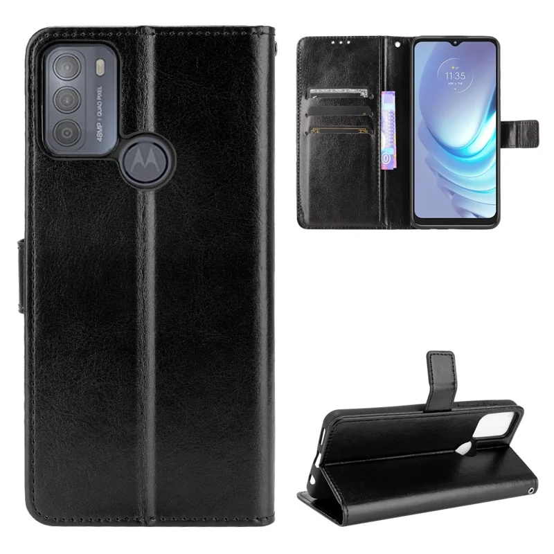 Crazy Horse cu Leather Phone Case Protector Cover Stand Для Motorola Moto G50 - Черный