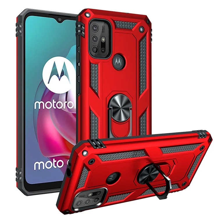 Anti-drop PC + TPU Combo Hybrid Phone Shell with Ring Kickstand for Motorola Moto G10/G30/G20 - Red