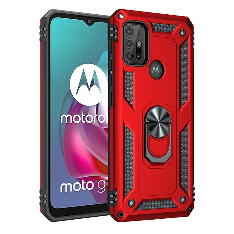 Anti-drop PC + TPU Combo Hybrid Phone Shell with Ring Kickstand for Motorola Moto G10/G30/G20 - Red