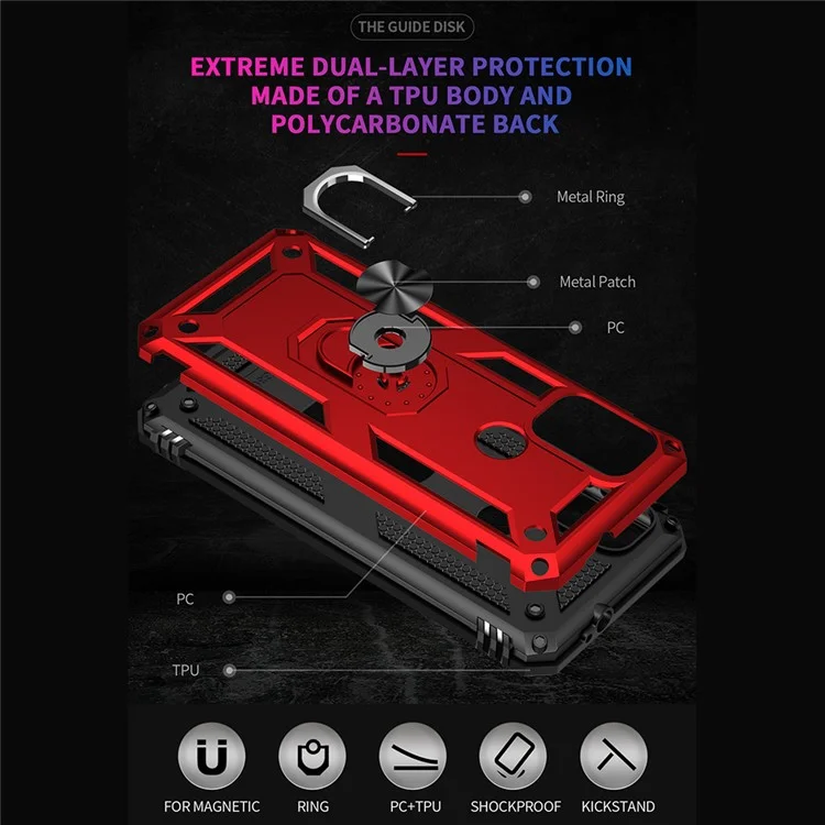Противоударный PC + TPU комбинированный гибридный чехол для телефона с кольцом и подставкой для Motorola Moto G10/G30/G20 - красный
