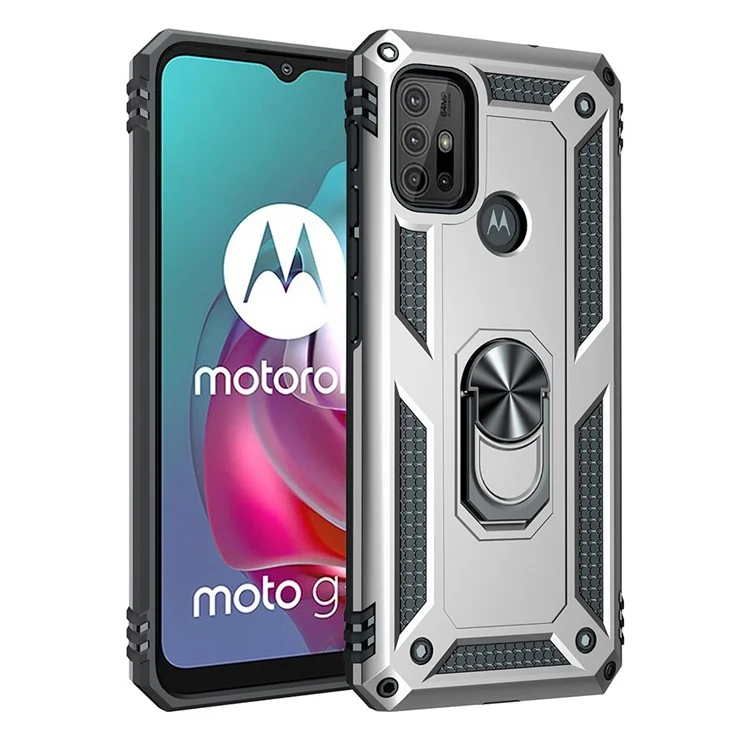 Anti-drop PC + TPU Combo Hybrid Phone Shell with Ring Kickstand for Motorola Moto G10/G30/G20 - Silver