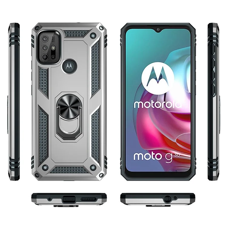 Anti-drop PC + TPU Combo Hybrid Phone Shell with Ring Kickstand for Motorola Moto G10/G30/G20 - Silver