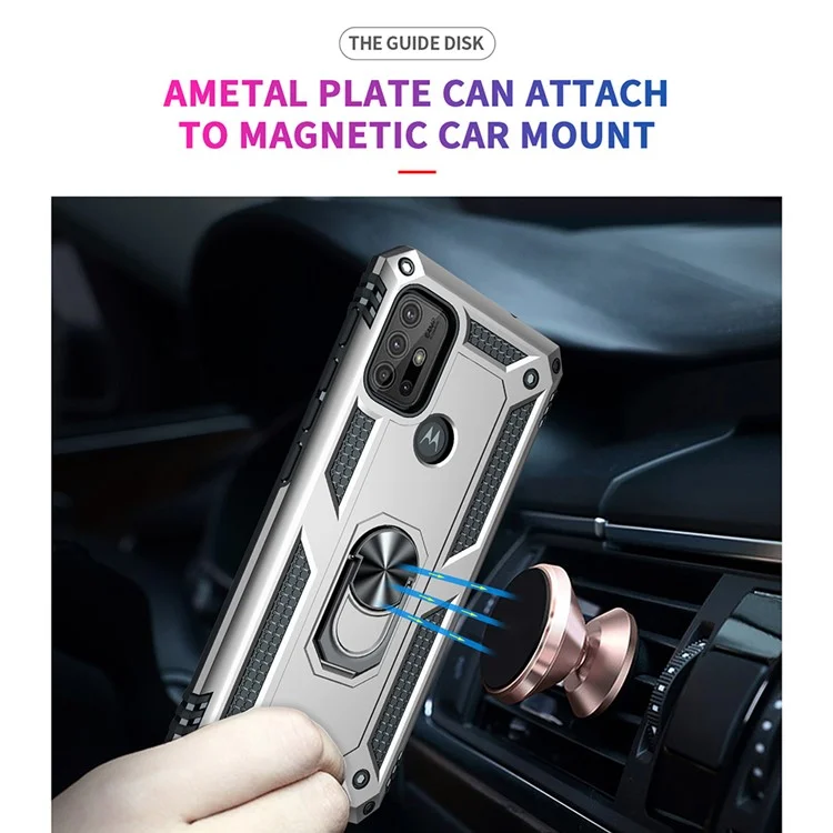 Anti-drop PC + TPU Combo Hybrid Phone Shell with Ring Kickstand for Motorola Moto G10/G30/G20 - Silver