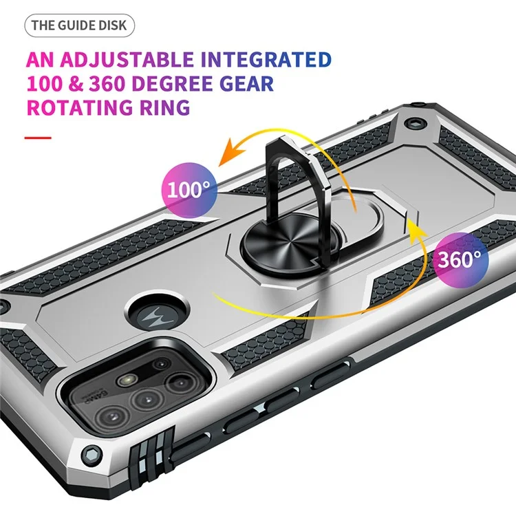 Anti-drop PC + TPU Combo Hybrid Phone Shell with Ring Kickstand for Motorola Moto G10/G30/G20 - Silver