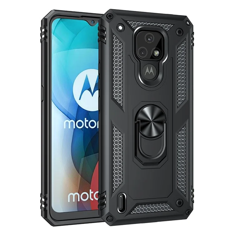 For Motorola Moto E7 Anti-Fall Phone Hybrid PC + TPU + Metal Case with Finger Ring Kickstand - Black