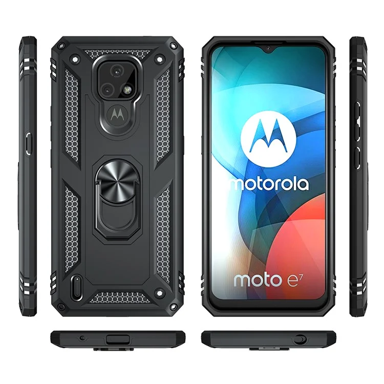 For Motorola Moto E7 Anti-Fall Phone Hybrid PC + TPU + Metal Case with Finger Ring Kickstand - Black