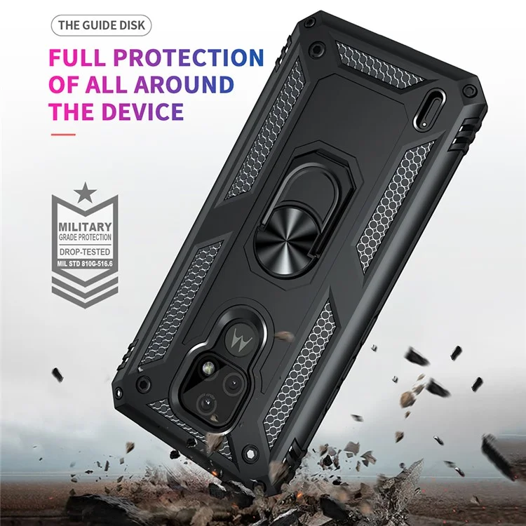 For Motorola Moto E7 Anti-Fall Phone Hybrid PC + TPU + Metal Case with Finger Ring Kickstand - Black