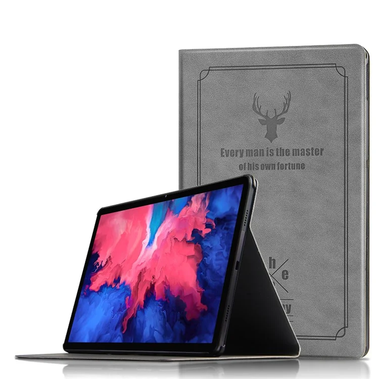 For Lenovo Tab P11 TB-J606F / Tab P11 5G Tablet Protective Case PU Leather + PC Imprint Deer Pattern Stand Cover - Grey