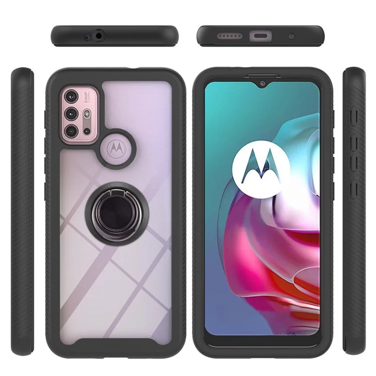 For Motorola Moto G30 / Moto G20 / Moto G10 / Moto G10 Power Soft TPU + Hard PC Hybrid Shockproof Drop Protection Phone Case with 360-degree Ring Holder Kickstand - Black