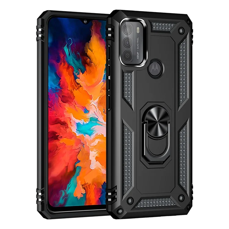 Stoßfester Hybrid-Handyhülle mit Ringtragegriff und Ständer für Motorola Moto G50 - Schwarz