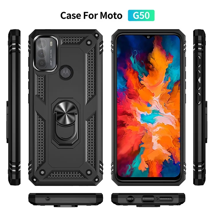 Stoßfester Hybrid-Handyhülle mit Ringtragegriff und Ständer für Motorola Moto G50 - Schwarz