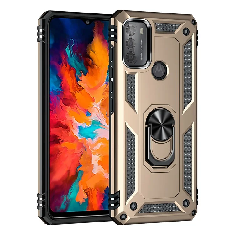 Drop-Proof Hybrid Phone Cover Shell with Ring Kickstand for Motorola Moto G50 - Gold