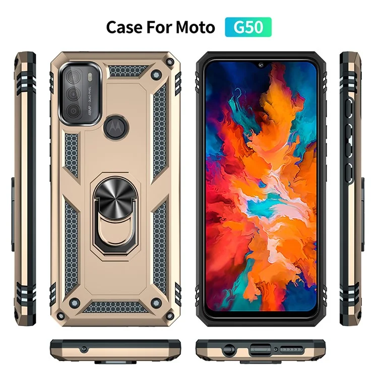 Drop-Proof Hybrid Phone Cover Shell with Ring Kickstand for Motorola Moto G50 - Gold