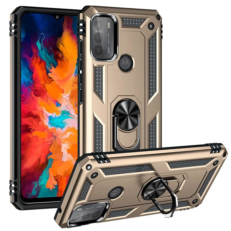 Drop-Proof Hybrid Phone Cover Shell with Ring Kickstand for Motorola Moto G50 - Gold