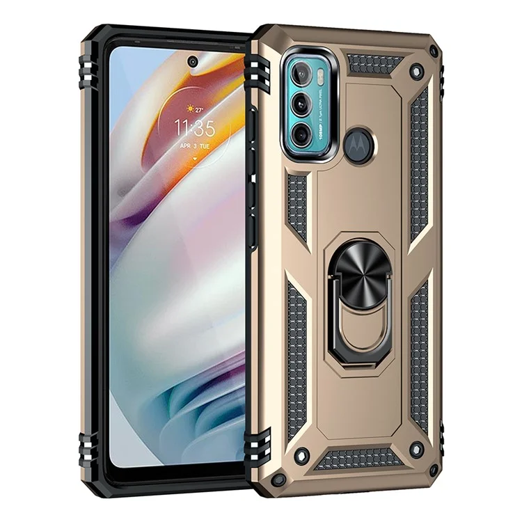 Miltary Grade Drop Protection Magnetic Ring Kickstand Hybrid Plastic PC+TPU Impact Resistant Case Cover for Motorola Moto G60 / G40 Fusion - Gold
