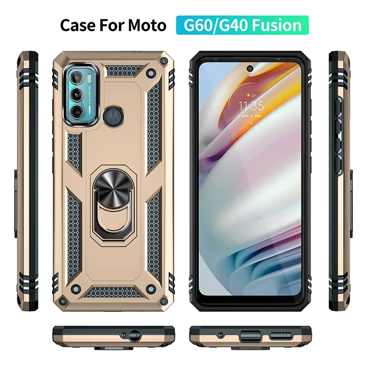 Miltary Grade Drop Protection Magnetic Ring Kickstand Hybrid Plastic PC+TPU Impact Resistant Case Cover for Motorola Moto G60 / G40 Fusion - Gold