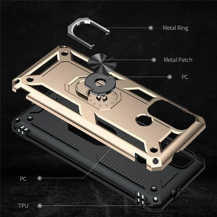 Miltary Grade Drop Protection Magnetic Ring Kickstand Hybrid Plastic PC+TPU Impact Resistant Case Cover for Motorola Moto G60 / G40 Fusion - Gold