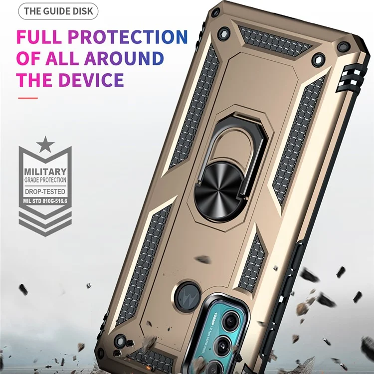 Miltary Grade Drop Protection Magnetic Ring Kickstand Hybrid Plastic PC+TPU Impact Resistant Case Cover for Motorola Moto G60 / G40 Fusion - Gold