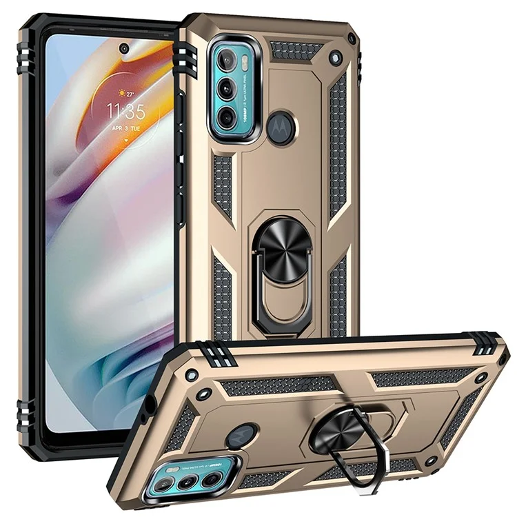 Miltary Grade Drop Protection Magnetic Ring Kickstand Hybrid Plastic PC+TPU Impact Resistant Case Cover for Motorola Moto G60 / G40 Fusion - Gold