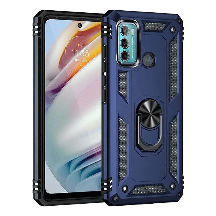 Miltary Grade Drop Protection Magnetic Ring Kickstand Hybrid Plastic PC+TPU Impact Resistant Case Cover for Motorola Moto G60 / G40 Fusion - Blue
