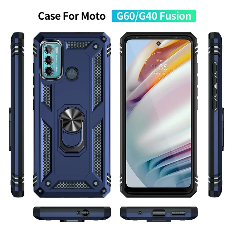 Miltary Grade Drop Protection Magnetic Ring Kickstand Hybrid Plastic PC+TPU Impact Resistant Case Cover for Motorola Moto G60 / G40 Fusion - Blue