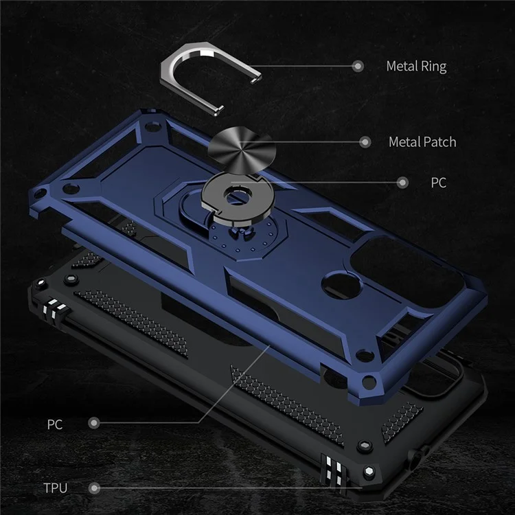 Miltary Grade Drop Protection Magnetic Ring Kickstand Hybrid Plastic PC+TPU Impact Resistant Case Cover for Motorola Moto G60 / G40 Fusion - Blue
