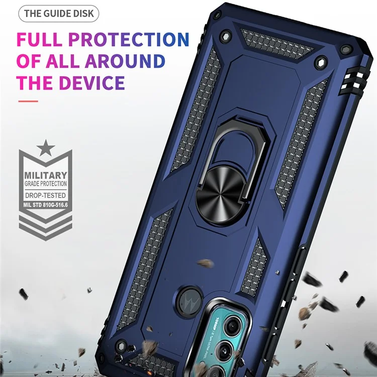 Miltary Grade Drop Protection Magnetic Ring Kickstand Hybrid Plastic PC+TPU Impact Resistant Case Cover for Motorola Moto G60 / G40 Fusion - Blue