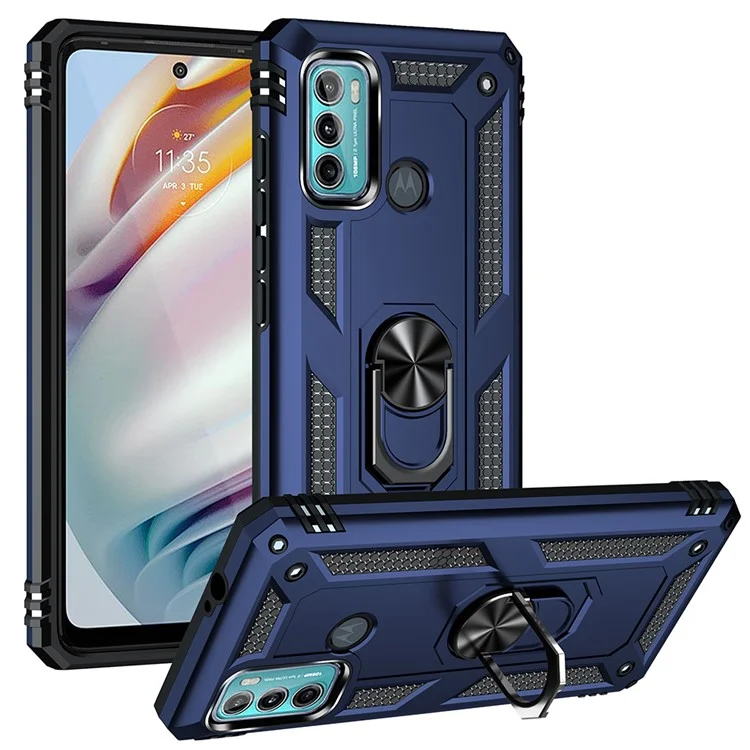Miltary Grade Drop Protection Magnetic Ring Kickstand Hybrid Plastic PC+TPU Impact Resistant Case Cover for Motorola Moto G60 / G40 Fusion - Blue