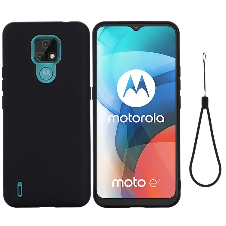 Plain Liquid Silicone Phone Protective Case + Handy Strap for Motorola Moto E7 2020 - Black