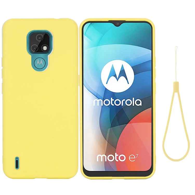 Plain Liquid Silicone Phone Protective Case + Handy Strap for Motorola Moto E7 2020 - Yellow