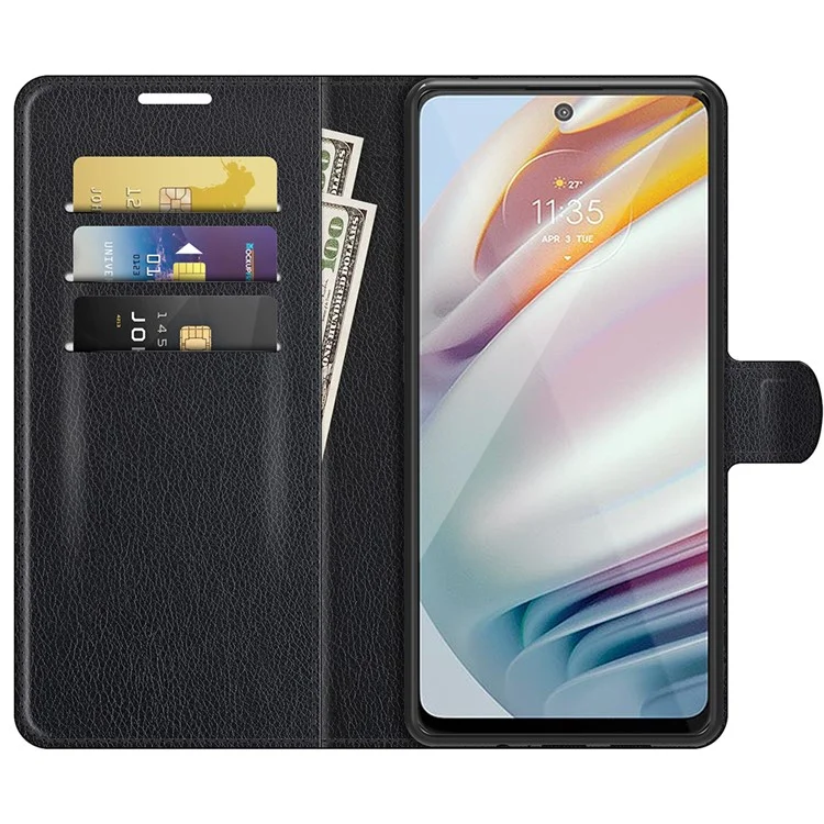 Folio Flip Wallet Design Litchi Skin Ledertasche Mobile Phone Stand Cover für Motorola Moto G60/G40 Fusion - Schwarz
