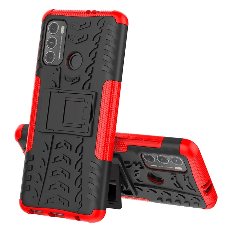 Shell de Boîtier Hybride de Téléphone Portable Tire Surface PC + TPU Avec Kickstand Pour Motorola Moto G60 - Rouge