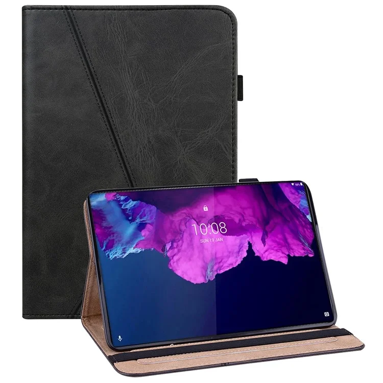 Drop-Resistant Plain Leather Tablet Stand Cover with Card Holder and Pen Strap for Lenovo Tab P11 TB-J606F / Tab P11 5G - Black