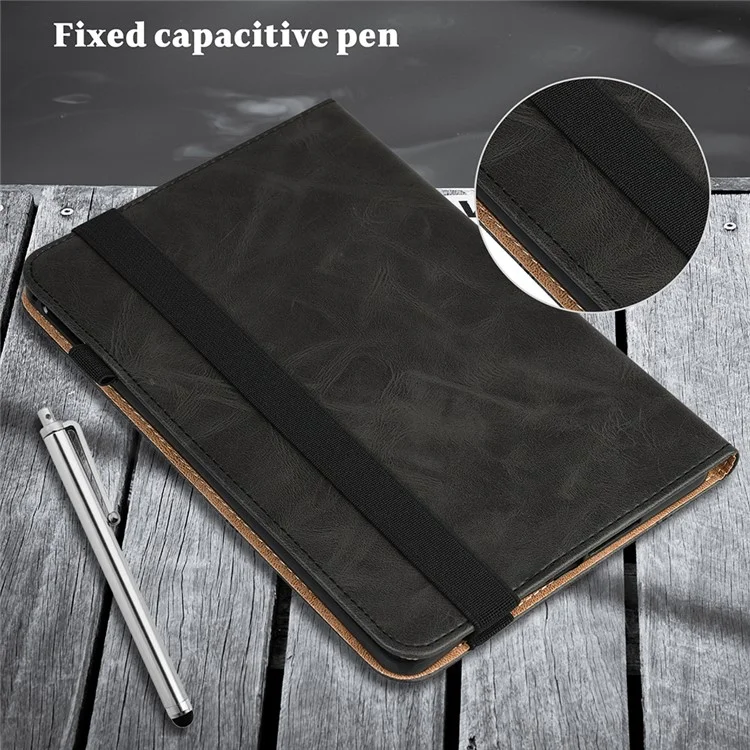 Drop-Resistant Plain Leather Tablet Stand Cover with Card Holder and Pen Strap for Lenovo Tab P11 TB-J606F / Tab P11 5G - Black