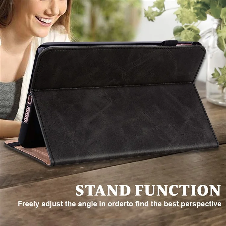 Drop-Resistant Plain Leather Tablet Stand Cover with Card Holder and Pen Strap for Lenovo Tab P11 TB-J606F / Tab P11 5G - Black