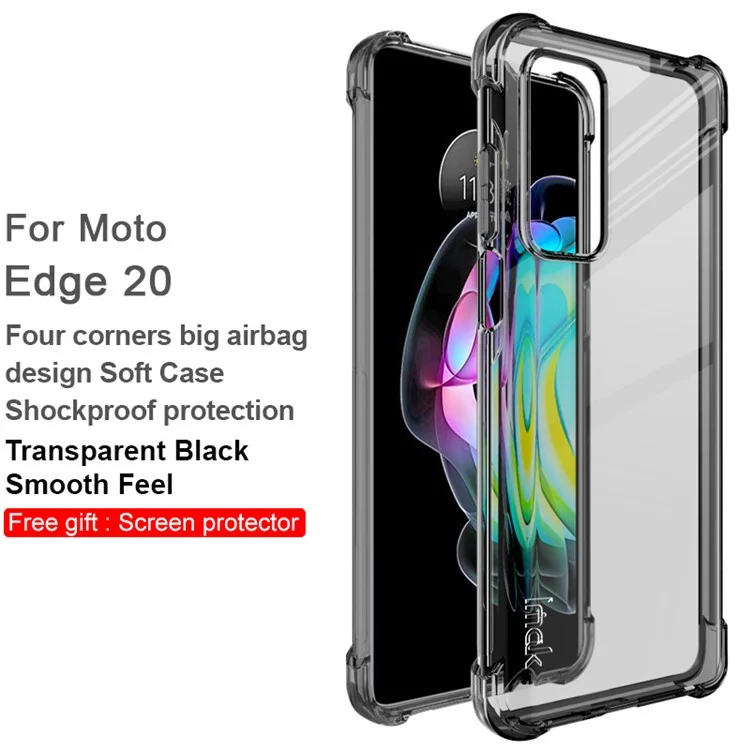 IMAK Cushioned Four Corner Anti Drop TPU Phone Shell Case with Screen Protector for Motorola Edge 20 - Transparent Black