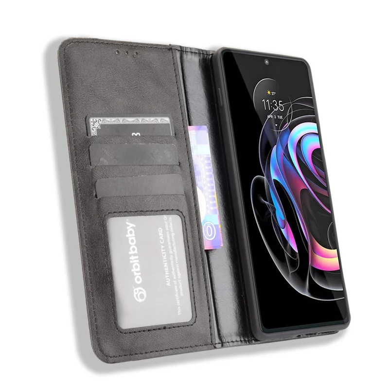 Vintråt stil plånbok ställ auto-absorberande läder mobilskal för Motorola Edge 20 Pro/Edge S Pro - Svart