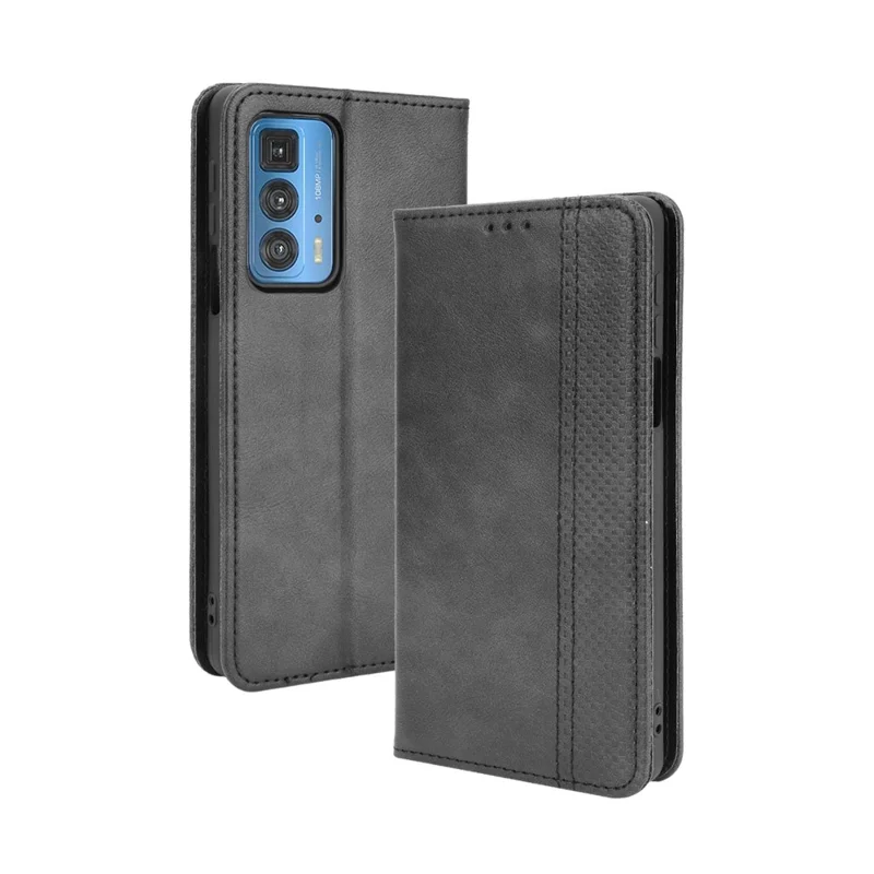 Vintråt stil plånbok ställ auto-absorberande läder mobilskal för Motorola Edge 20 Pro/Edge S Pro - Svart